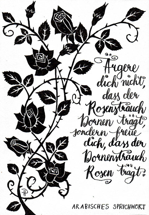 Ärgere dich nicht, dass der Rosenstrauch Dornen trägt, sondern freue dich, dass der Dornenstrauch Rosen trägt. (Arabisches Sprichwort)